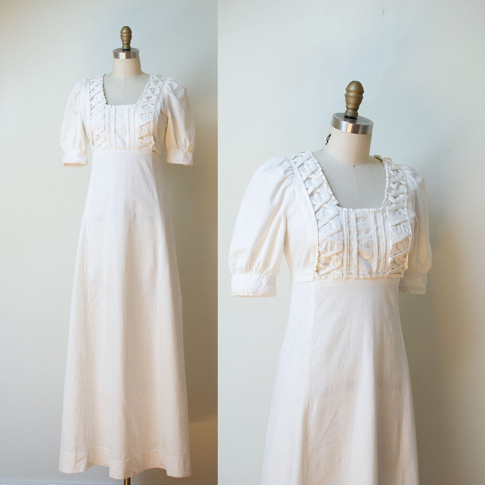 1970s India Imports Cream Cotton Maxi Dress Xs